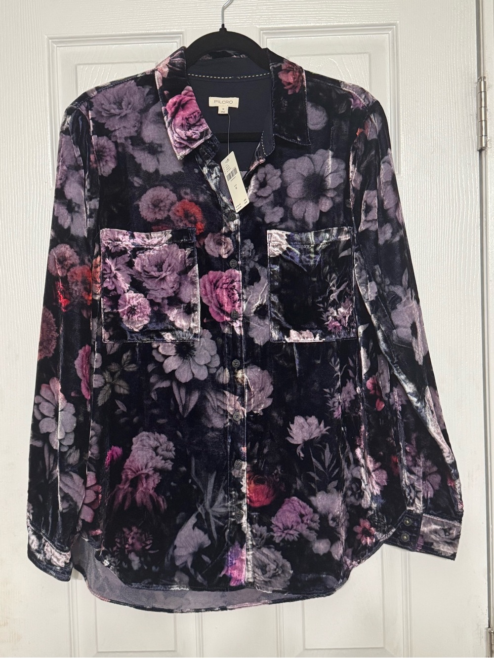 Pilcro Black Velvet Floral Button-Up top with Purple and Pink Accents M